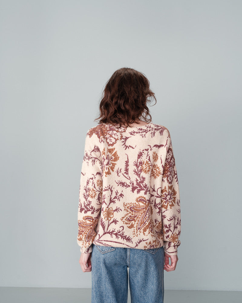 The classic fit the&nbsp;NALA long-sleeve sweater&nbsp;is contrasted by the exclusive Grace &amp; Mila floral print with a beige background and a burgundy and ochre print.  lemon cyprus boutique