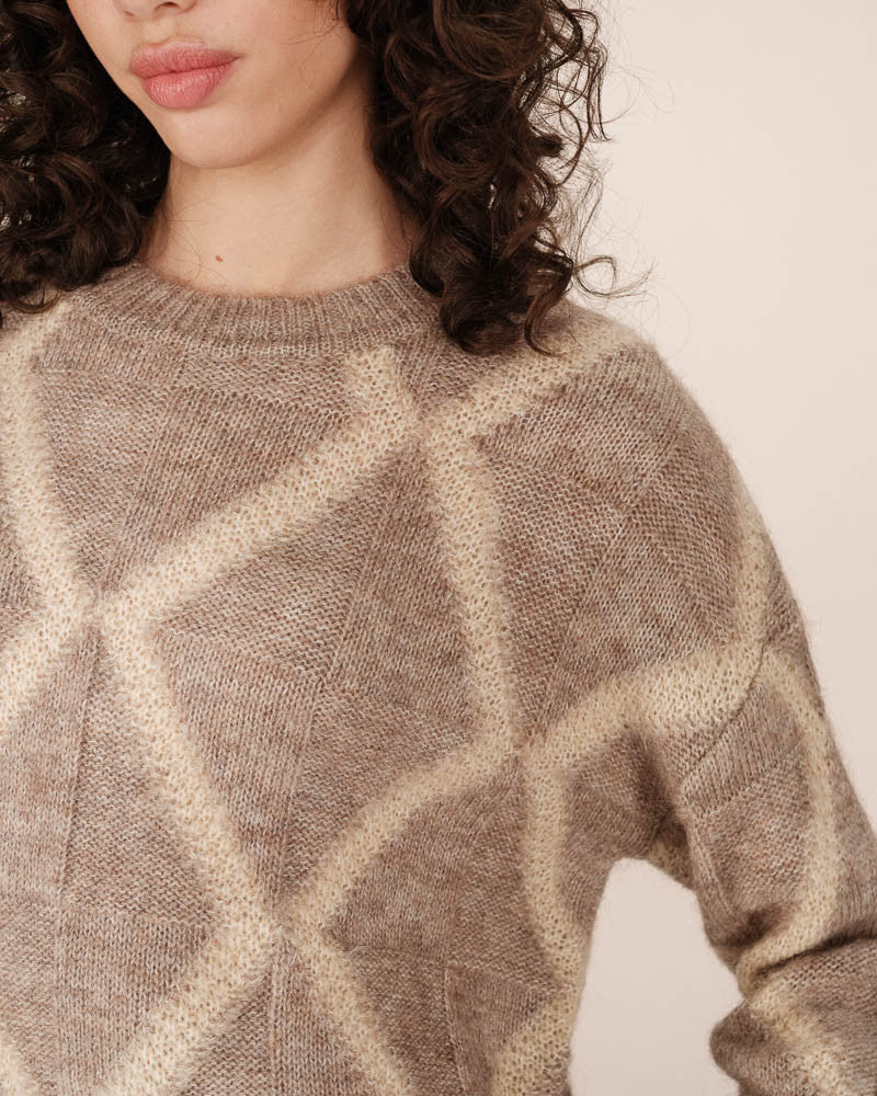 Person wearing a patterned sweater with a neutral background