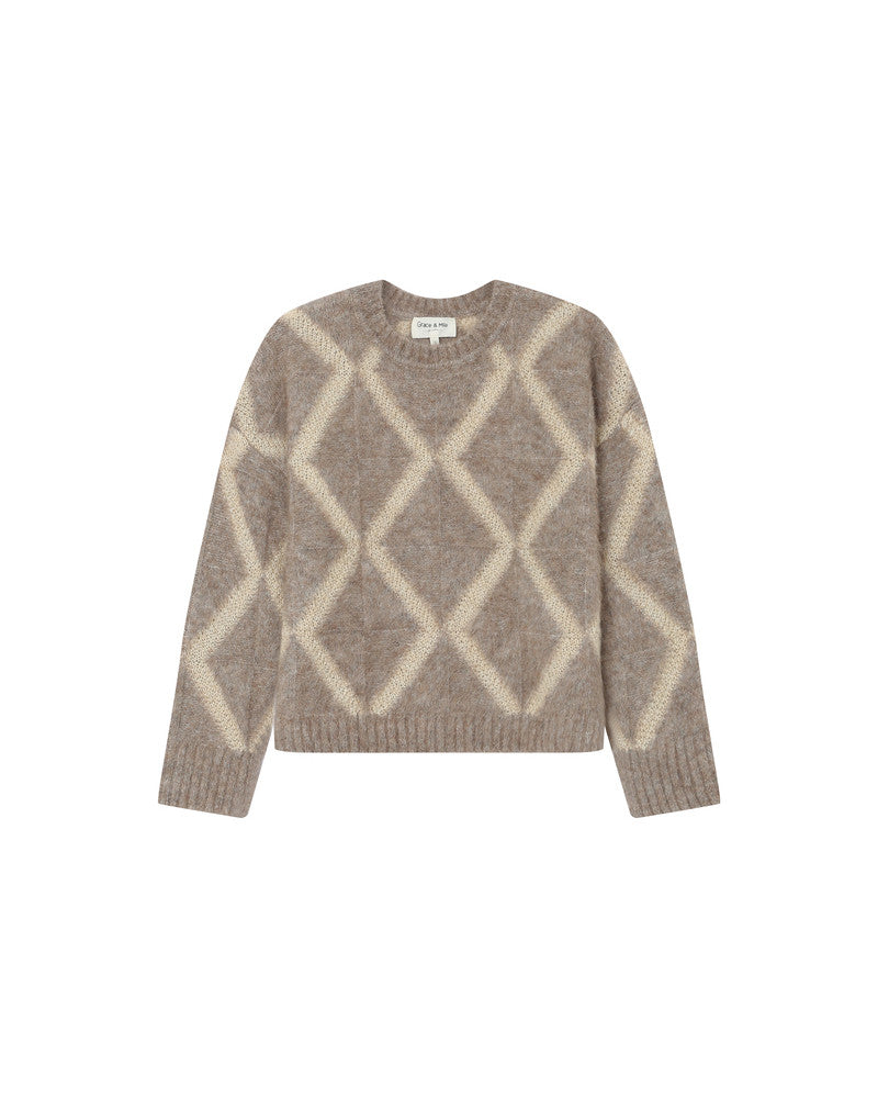 Brown and beige patterned sweater on a white background