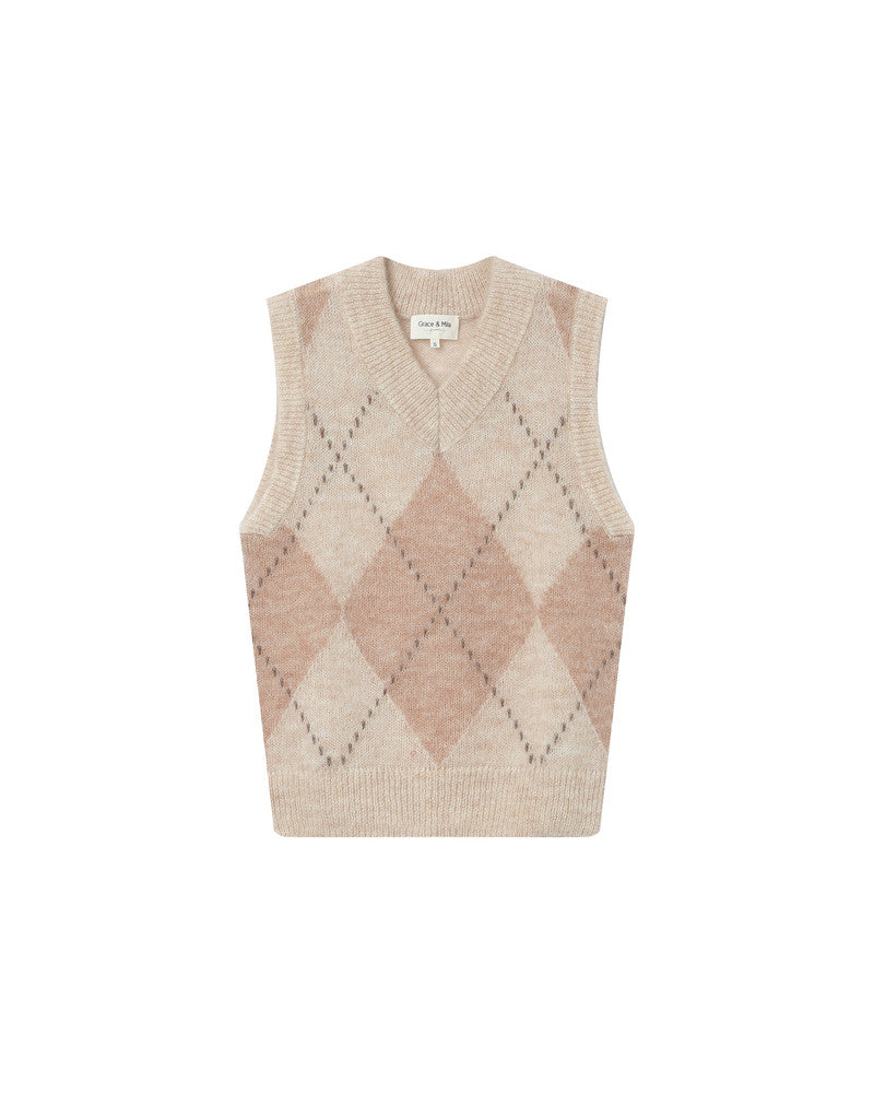 Beige argyle patterned vest on a white background