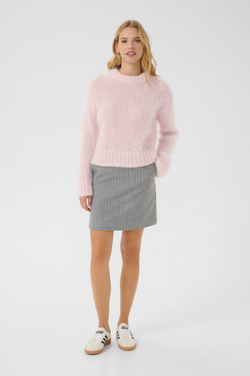 Woman wearing a pink sweater and gray skirt on a white background