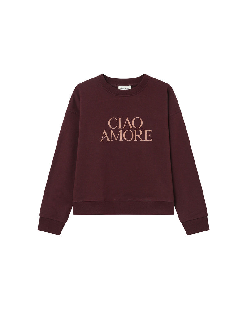Maroon sweatshirt with 'CIAO AMORE' text on a white background