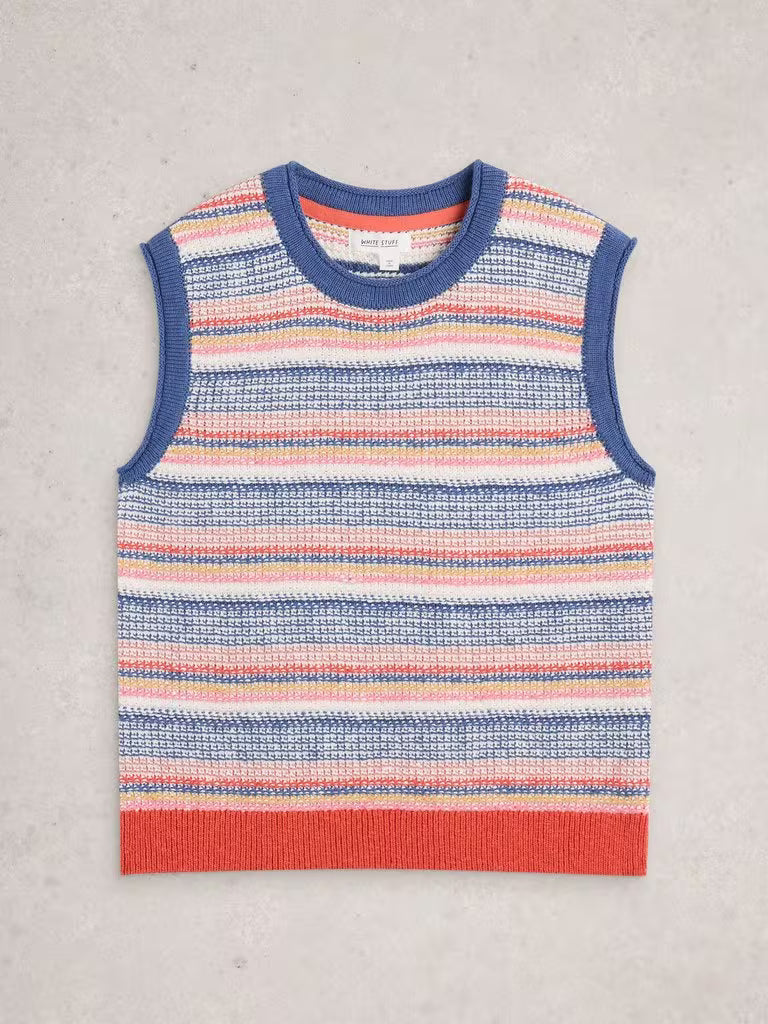 Striped sleeveless sweater vest on a gray background