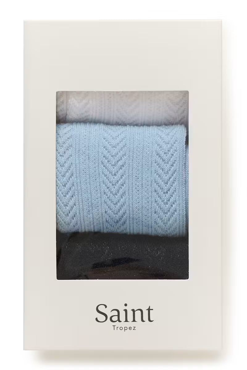 A boxed set of folded knit blankets or throws in soft pastel and dark tones, presented in a cream-colored package with a window and the brand name Saint Tropez printed below.
