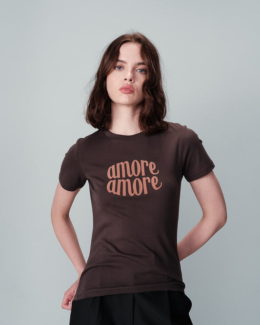 Grace &amp; Mila's NICOLETTE short-sleeve tee in dark grey cotton features a velvet print in a lovely caramel hue that spells out 'AMOUR'. Its round neckline and short sleeves make it a versatile addition to any woman's wardrobe. lemon cyprus