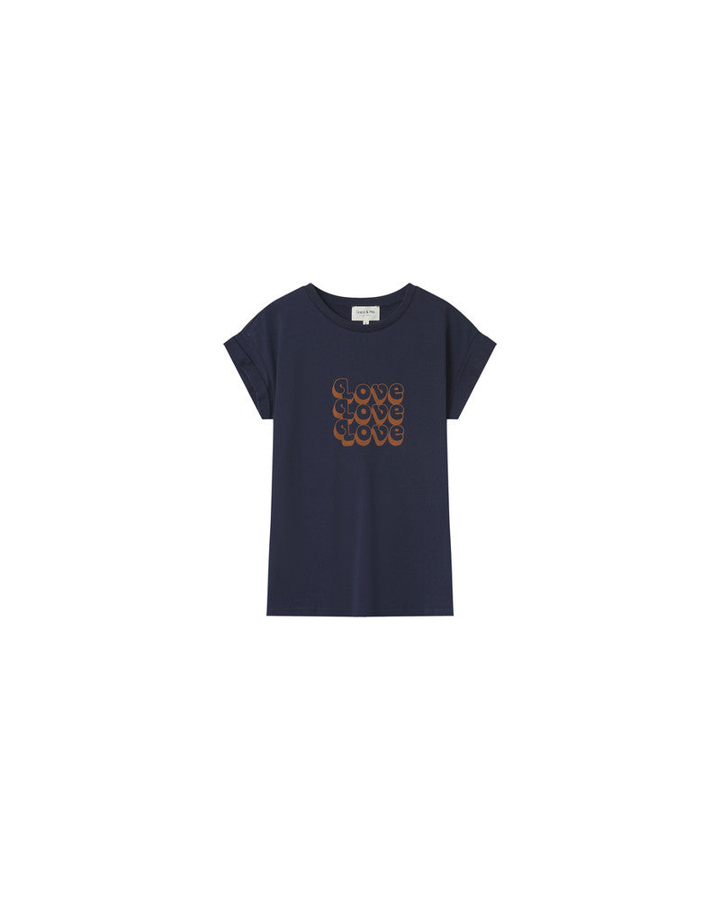 "Ninalou", the tee from Grace &amp; Mila, is a marine short-sleeve with caramel coloured velvet lettering that spells out "LOVE". Featuring a round neckline, short sleeves with lapels, and a flattering straight cut, this tee is perfect for all body types.