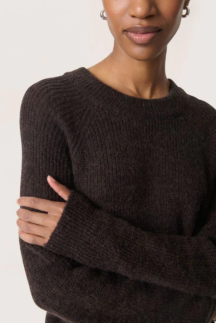 Person wearing a dark brown sweater against a white background