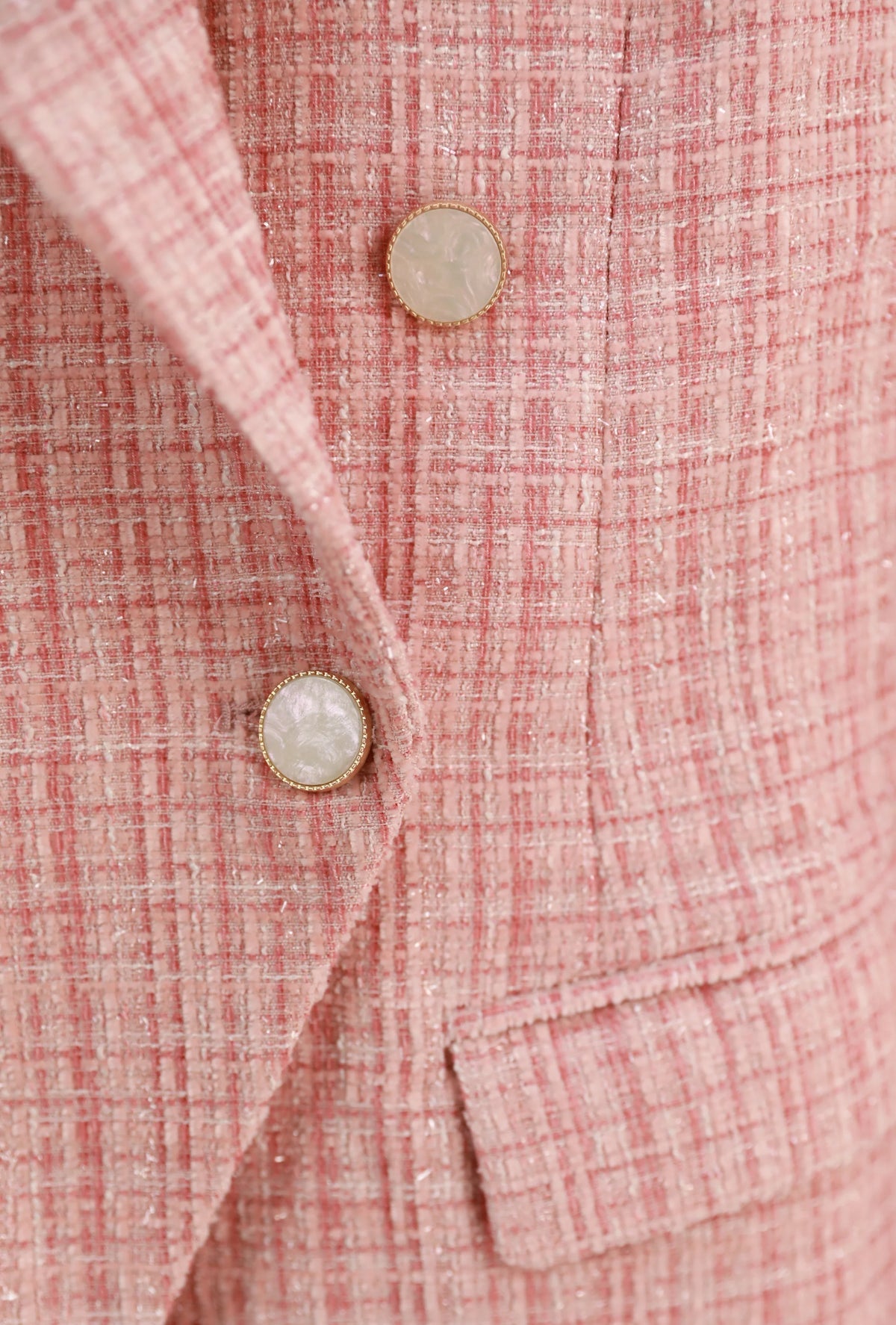 The Carrie check tailored double breasted blazer by We Are The Others now in a beautiful pink check with a hint of sparkle.  Gold trim mother of pearl buttons take the details up a notch. lemon cyprus boutique
