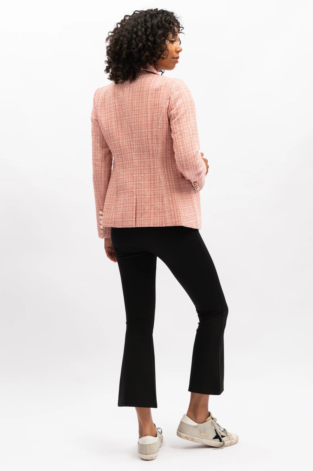 The Carrie check tailored double breasted blazer by We Are The Others now in a beautiful pink check with a hint of sparkle.  Gold trim mother of pearl buttons take the details up a notch. 