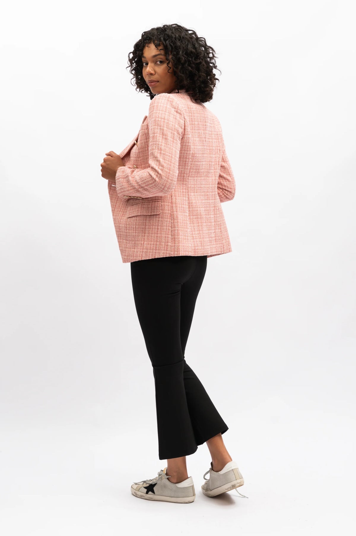 The Carrie check tailored double breasted blazer by We Are The Others now in a beautiful pink check with a hint of sparkle.  Gold trim mother of pearl buttons take the details up a notch. lemon cyprus boutique
