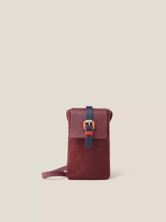 white stuff, clara suede buckle cross body phone bag, burgundy suede with navy buckle detail, lemonsyprus boutique