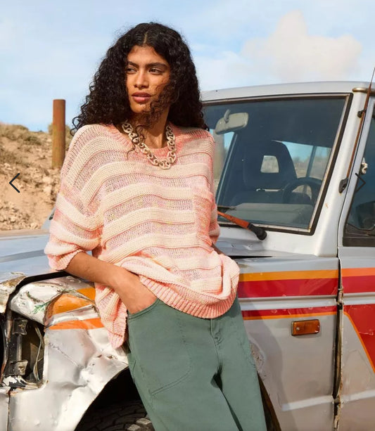 Elevate your everyday wardrobe with our charming Striped Knitted Tee by White Stuff. Crafted with care, this tee features delicate cream and subtle neon pink stripes that effortlessly blend to create a soft peach hue, adding a touch of sweetness to your ensemble. The front patch pocket detail adds a hint of functionality and style.