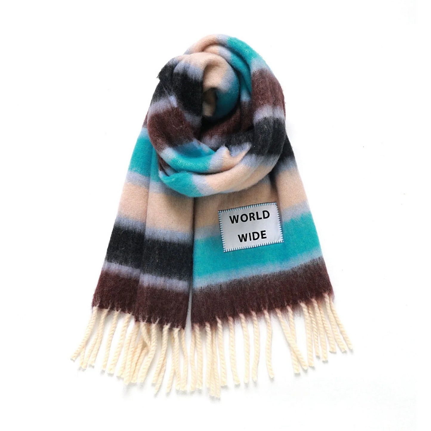 Striped scarf with 'WORLD WIDE' label on a white background