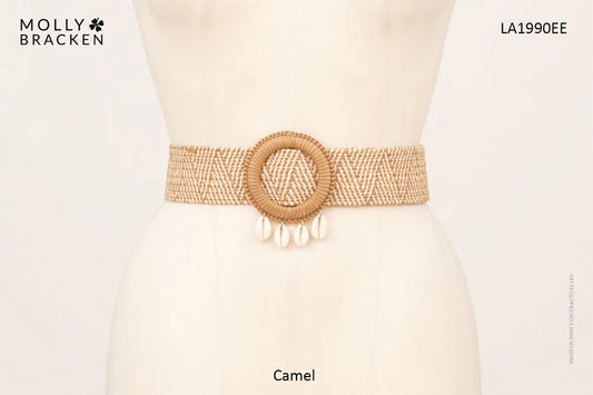 Camel woven belt on a mannequin with 'Molly Bracken' branding.