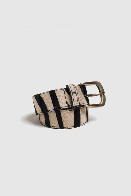 Striped belt with a gold buckle on a light gray background